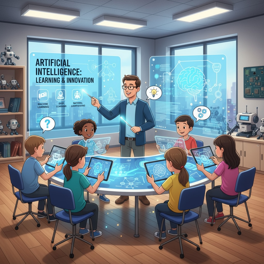 Students are seen in a modern classroom, actively discussing and exploring AI concepts using digital devices. K12 students engaged in AI education through ZynTiQ's certified courses with lifetime membership