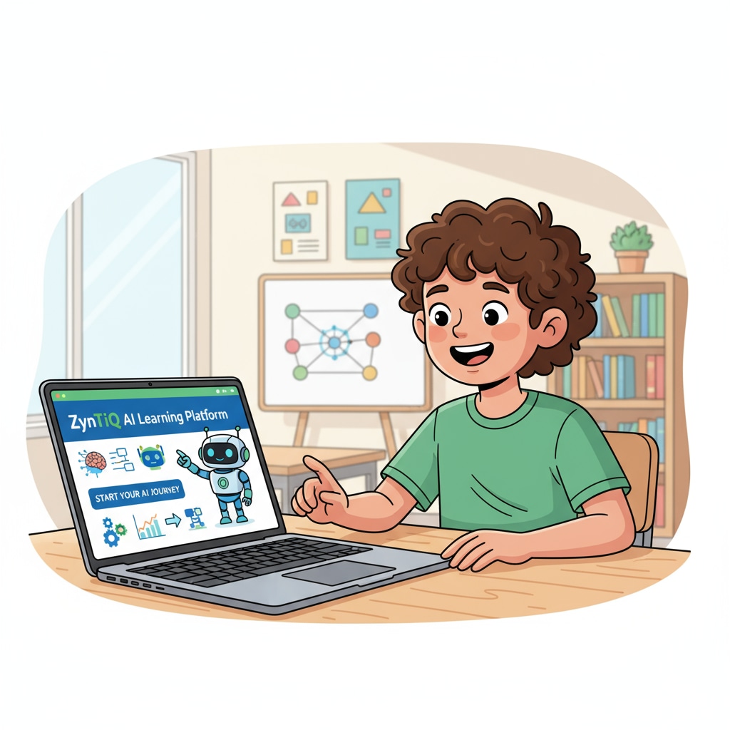 A young student is smiling while using a laptop to access ZynTiQ's learning platform for AI education. Student enjoying ZynTiQ's AI education lifetime membership with certified courses