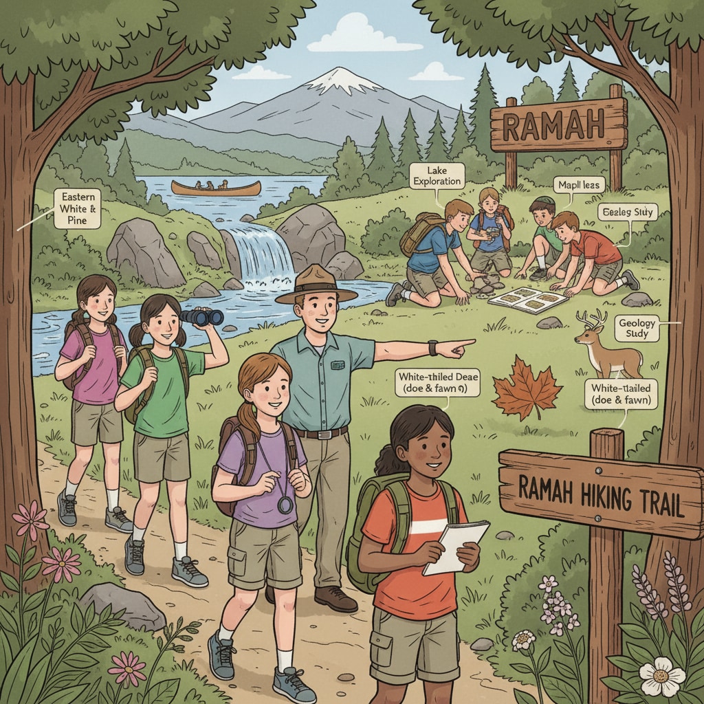 Students are actively involved in various outdoor activities at Camp Ramah, such as hiking and nature exploration. Students participating in outdoor education at Camp Ramah