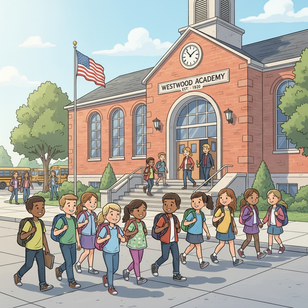 A group of students walking into a public school building, showing the start of a school day and the entrance of a typical public school. Students entering a public school as part of school visits for educational choices.