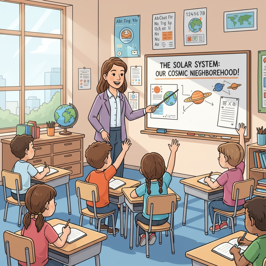 A teacher explaining a lesson to students in a public school classroom, with students actively listening and participating. A teacher teaching in a public school classroom during school visits for educational decision-making.