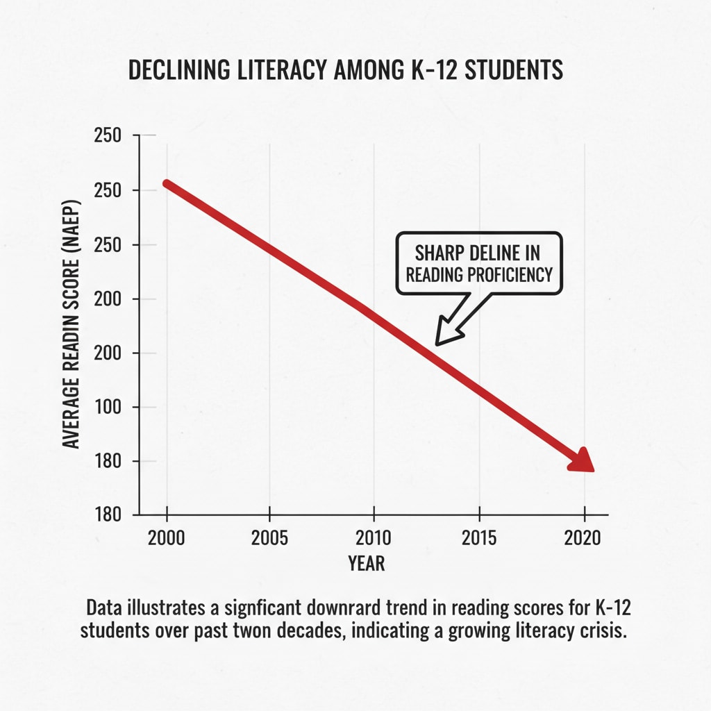 A graph presenting the downward trend of reading scores among K12 students, highlighting the decline in literacy. Graph showing the decline in reading scores of K12 students relevant to literacy rate, democracy, and reading ability