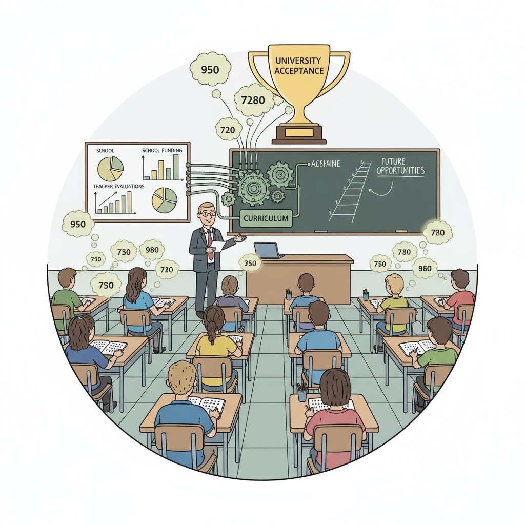 A classroom scene where students are taking a standardized test, highlighting the influence of test scores on education. Classroom scene during a standardized test related to education funding, test scores, and federal policies