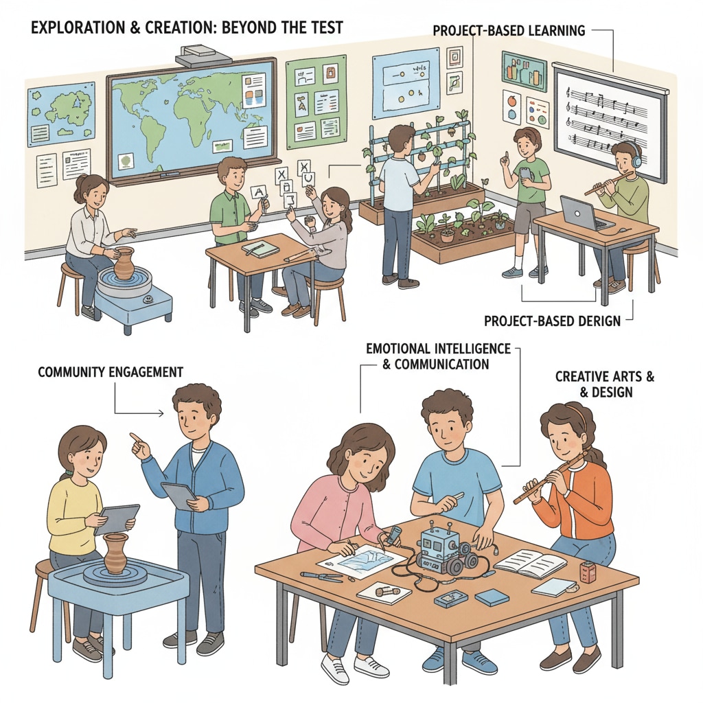 A group of students discussing in a classroom, representing diverse learning activities that are often sidelined due to current policies. Students engaged in classroom discussion, showing the need for a broader approach in the context of education funding, test scores, and federal policies