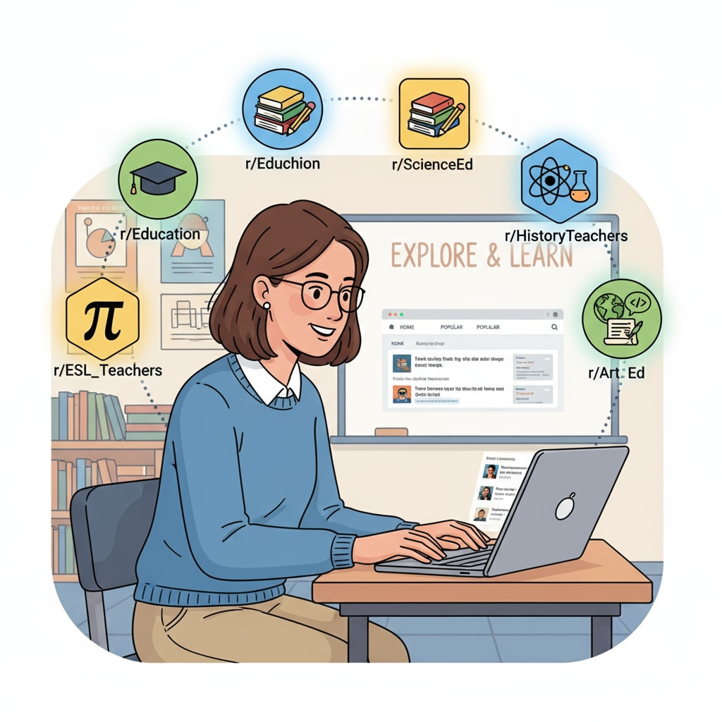 An illustration showing a teacher exploring various educational subreddits on Reddit, with different subreddit icons floating around. A teacher exploring educational subreddits on the Reddit education network.