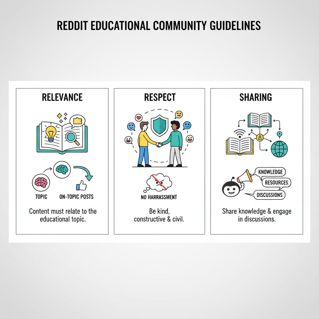 A graphic depicting the key points of Reddit's educational community rules, such as relevance, respect, and sharing. Key points of Reddit's educational community rules for educational subreddits.