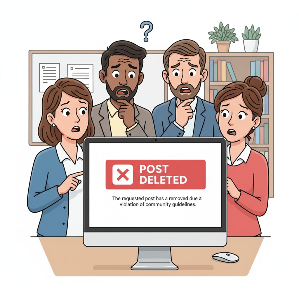 A group of educators is seen looking at a computer screen with a message indicating that a post has been deleted. Their expressions show confusion and concern. Educators reacting to a post deletion in a PLC without explanation