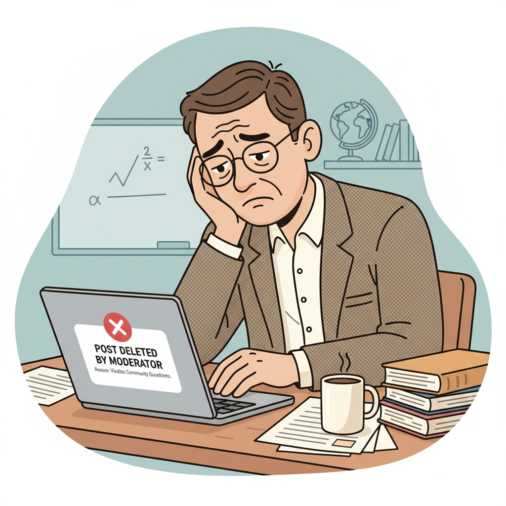 An educator is sitting at a desk, looking disheartened while looking at a laptop screen displaying a deleted post notification. Educator disappointed by a post deletion in a PLC with no explanation