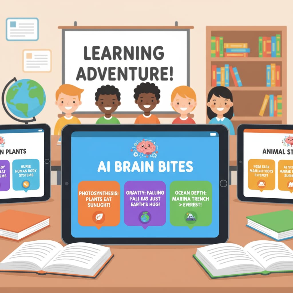 Students are seen using tablets with the AI Brain Bites application open. The screens display various educational facts in colorful and engaging formats. Students using AI Brain Bites educational tool on tablets