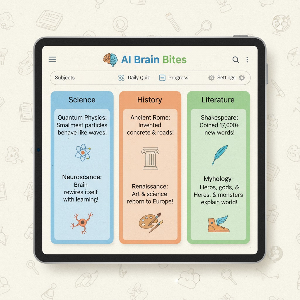 The interface of AI Brain Bites is shown, with a list of educational facts categorized by subject. Each fact has a brief and interesting description. Interface of AI Brain Bites showing educational facts
