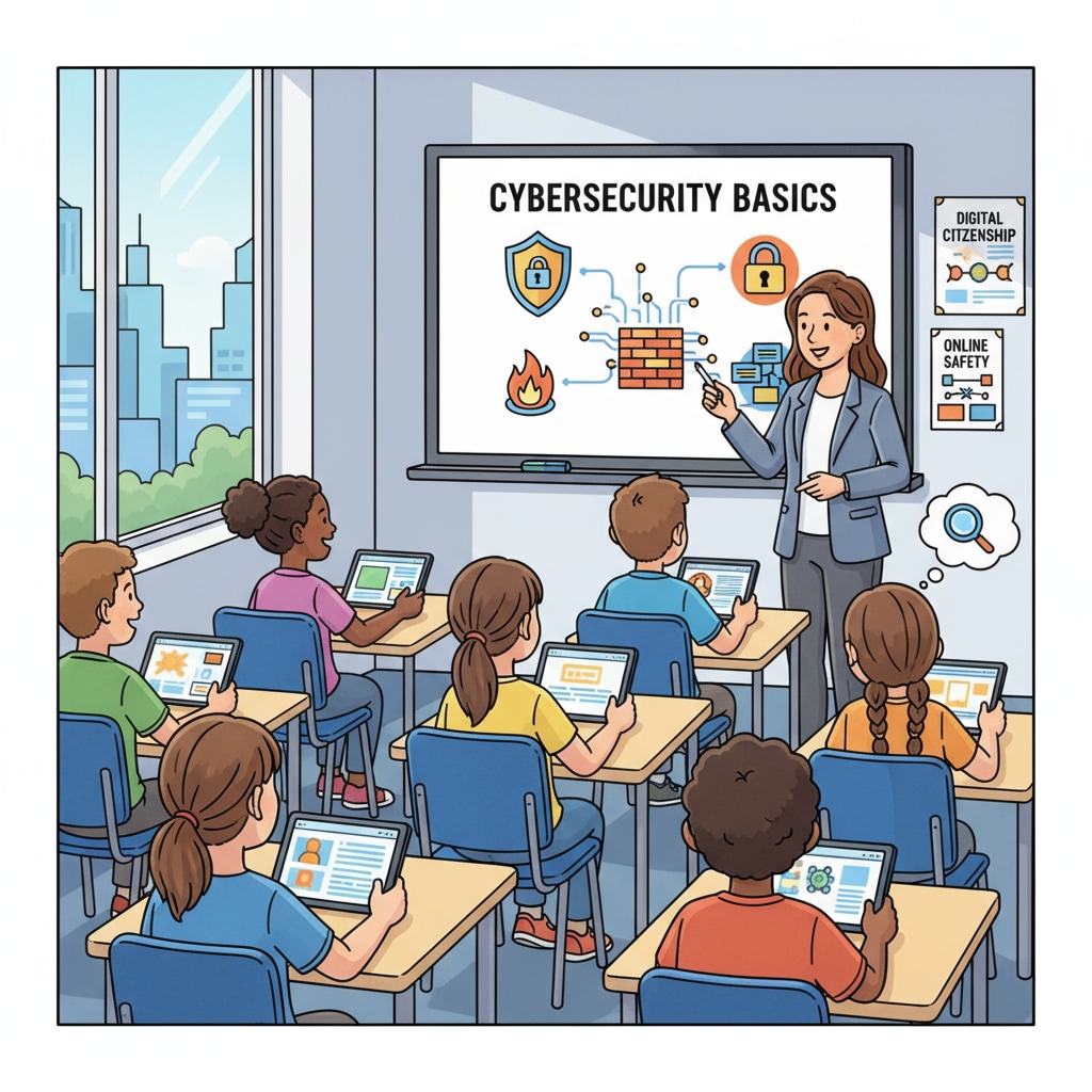 A group of K12 students are sitting in a classroom, attentively listening to a teacher explaining cybersecurity concepts. K12 students actively engaged in a cybersecurity lesson