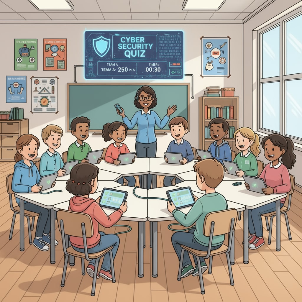 Students are gathered around desks, participating in an exciting cybersecurity quiz, with smiles on their faces. K12 students participating in a cybersecurity quiz