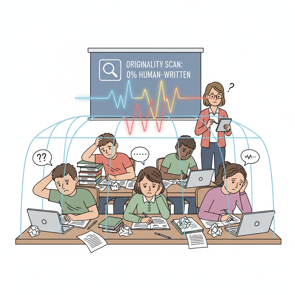 A classroom scene where high school students in a creative writing class are looking frustrated. They are surrounded by writing materials but seem discouraged because of the looming presence of AI detection tools. High school students in a creative writing class affected by AI detection tools