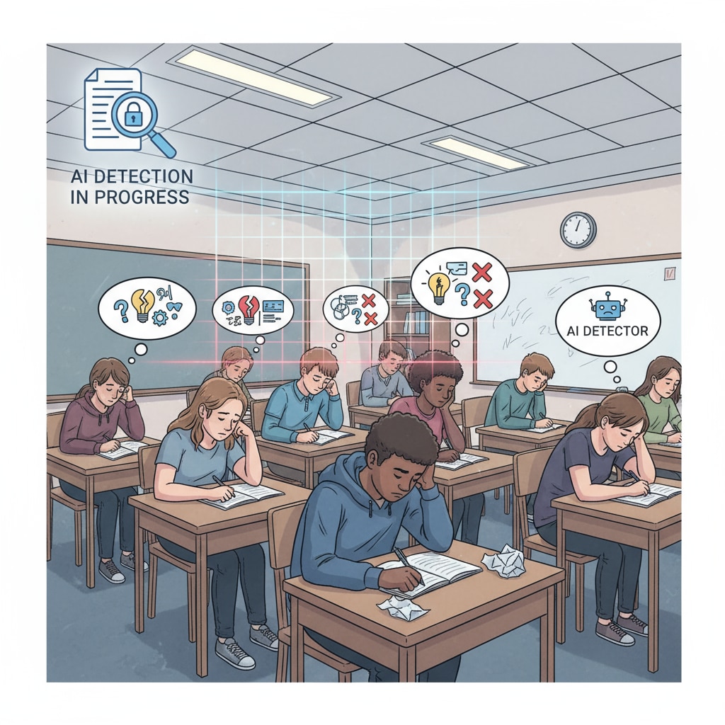 A group of high school students sitting at their desks, looking dejected while trying to write creative essays. The atmosphere in the room is tense as they are constantly worried about the AI detection tools. High school students writing creative essays under the pressure of AI detection tools