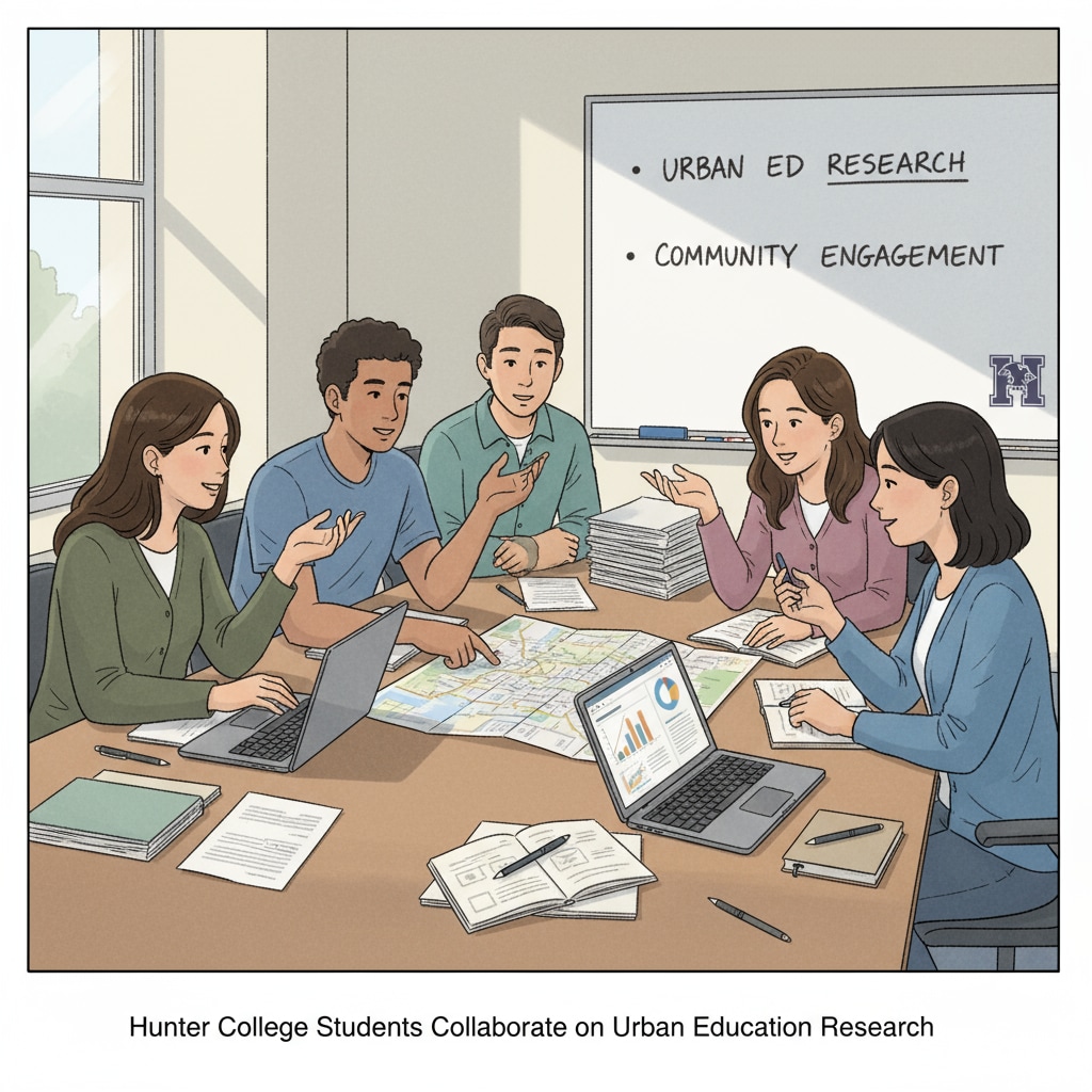 A group of Hunter College students are gathered around a table, discussing their urban education research project, with papers and laptops in front of them. Hunter College students discussing urban education research project as part of university projects, urban education, virtual interviews initiative