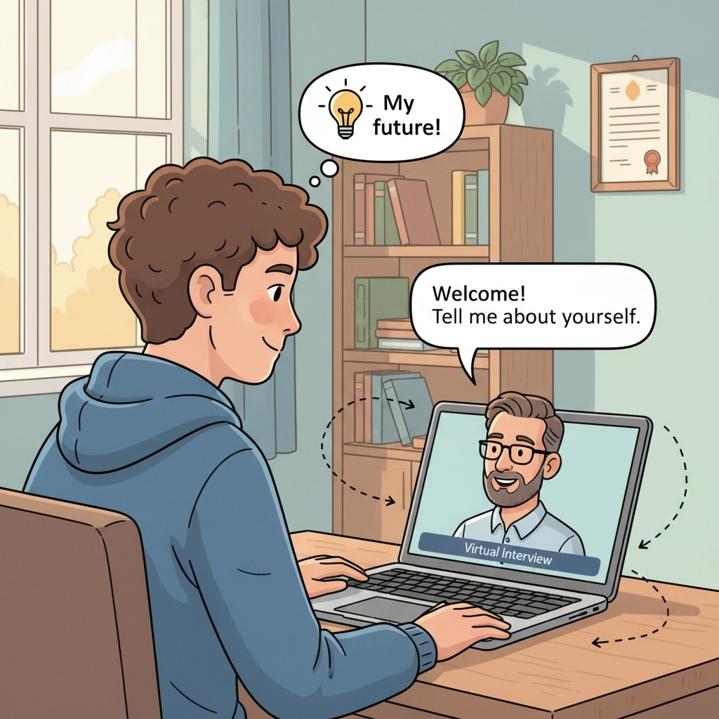 A student is sitting in front of a laptop, engaged in a virtual interview with an education professional on the screen. Student conducting virtual interview with education professional for urban education research as part of university projects, urban education, virtual interviews