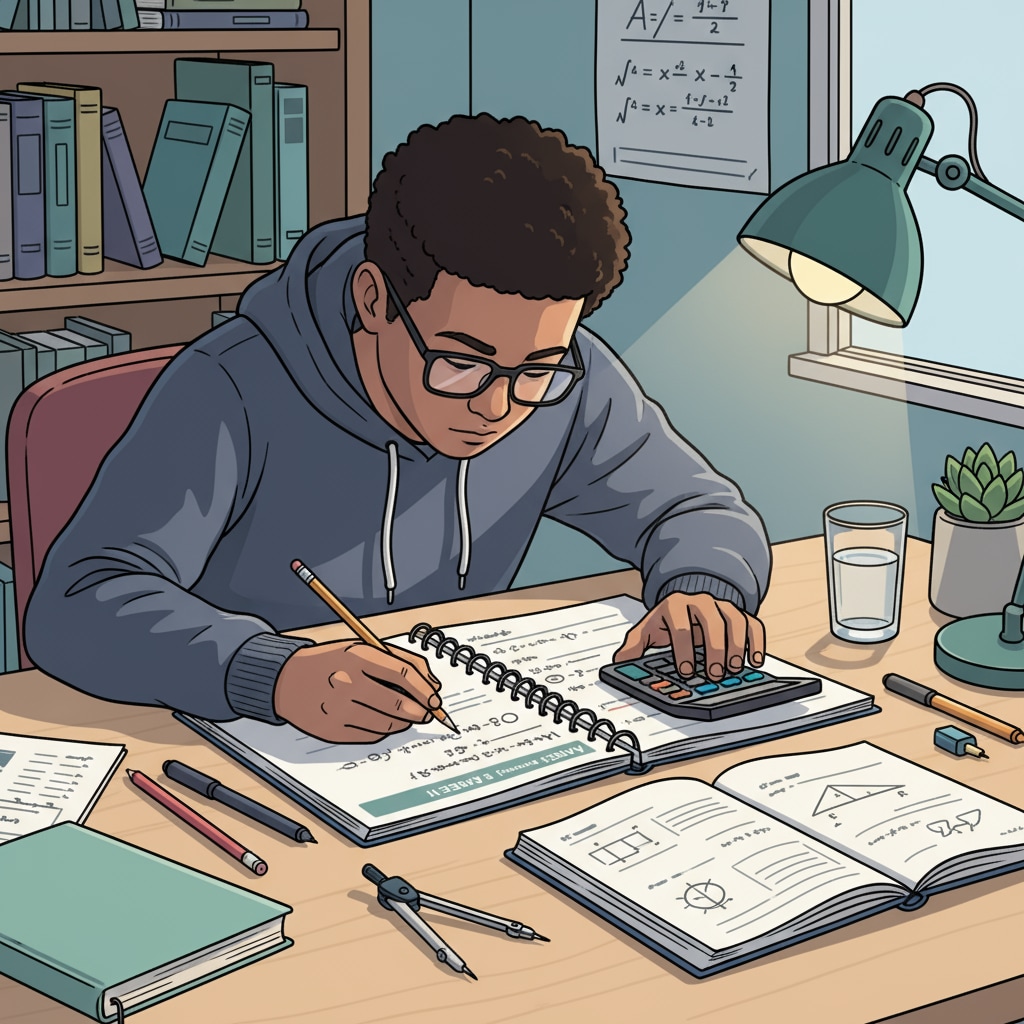 A student is concentrating on studying a high school algebra workbook at a desk, showing a focused learning atmosphere. A student studying high school algebra workbook
