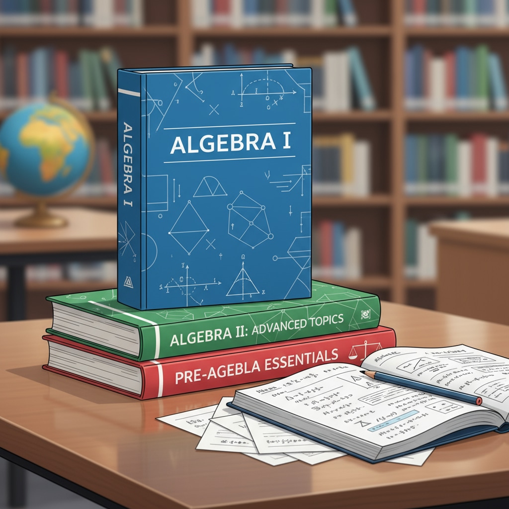 A stack of high school algebra workbooks neatly placed on a table, indicating a rich study resource. Stack of high school algebra workbooks