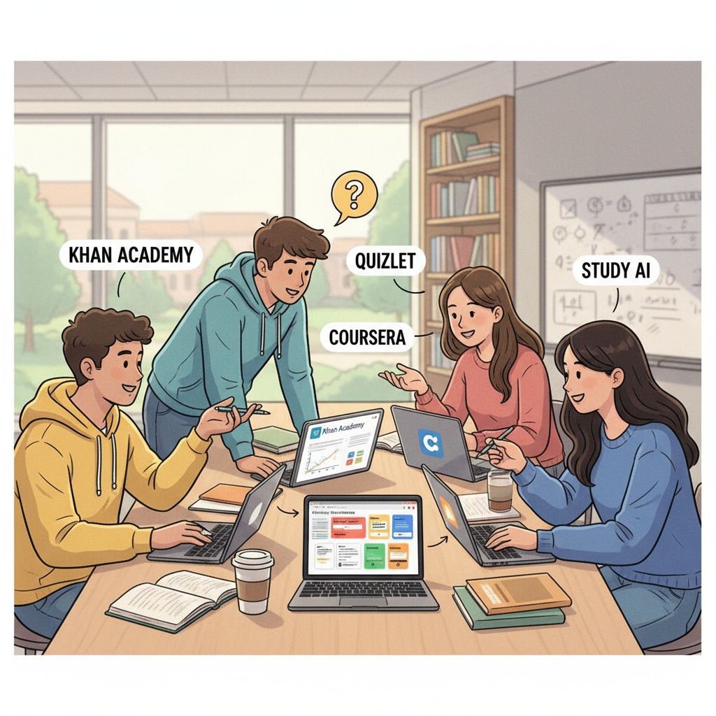 A group of students are sitting around a table, using their laptops and tablets to access different academic help platforms like Khan Academy and Quizlet. Students using academic help alternatives to Brainly for homework completion