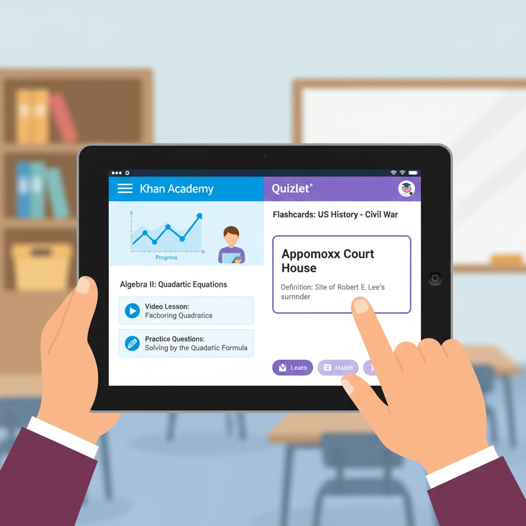 Close-up of a student's screen showing the interface of Khan Academy and Quizlet, with study materials and interactive features visible. Interface of academic help platforms used for high school homework completion