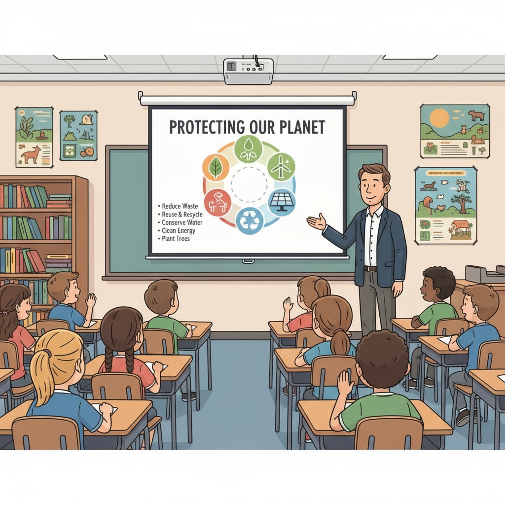 Students in a K-12 classroom are attentively listening to a presentation about environmental protection, with visual aids on the screen. K-12 students learning about environmental protection in the classroom
