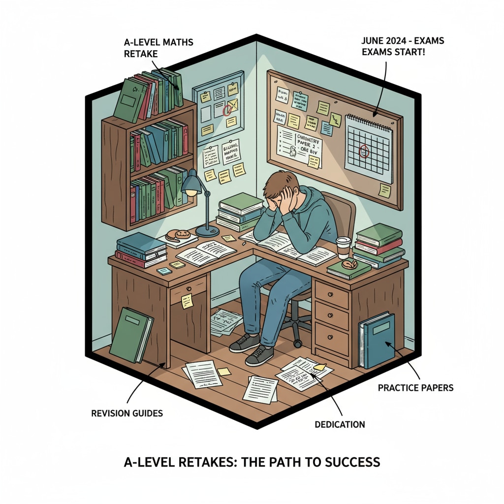 A student is sitting at a desk, surrounded by books and study materials, focused on studying for A-Level module retakes. There are notes and papers scattered around, showing their dedication. Student studying for A-Level module retakes to increase UCAS points