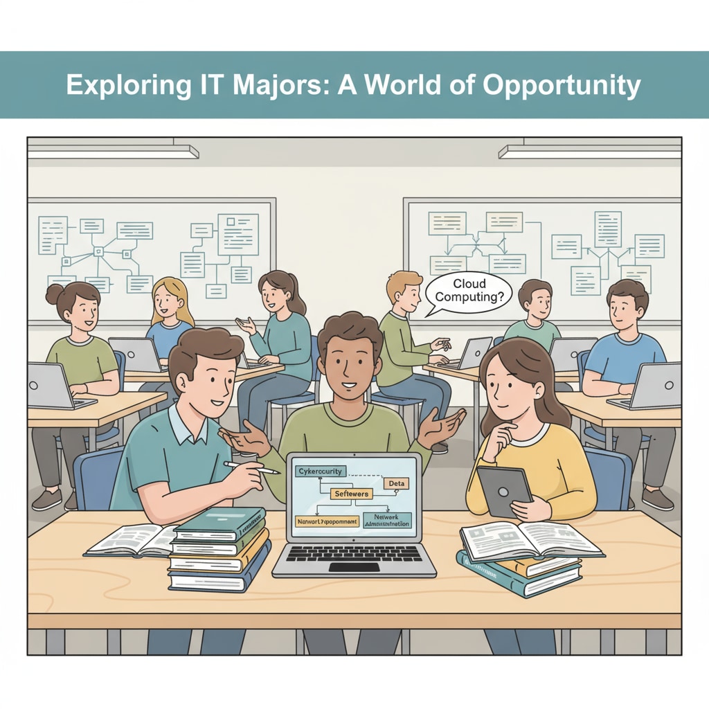 Students are engaged in a discussion about IT majors in a classroom, with books and laptops on the desks, showing their interest in exploring different options in the field of information technology. College students discussing IT majors and their career prospects in a classroom