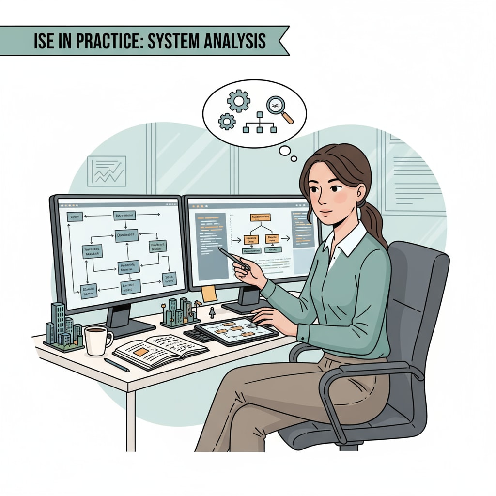 An ISE graduate is sitting in front of a computer system in an office, focused on working on system analysis tasks related to information systems engineering, highlighting the practical application of the major. An ISE graduate working on information systems engineering tasks in an office setting, demonstrating career prospects