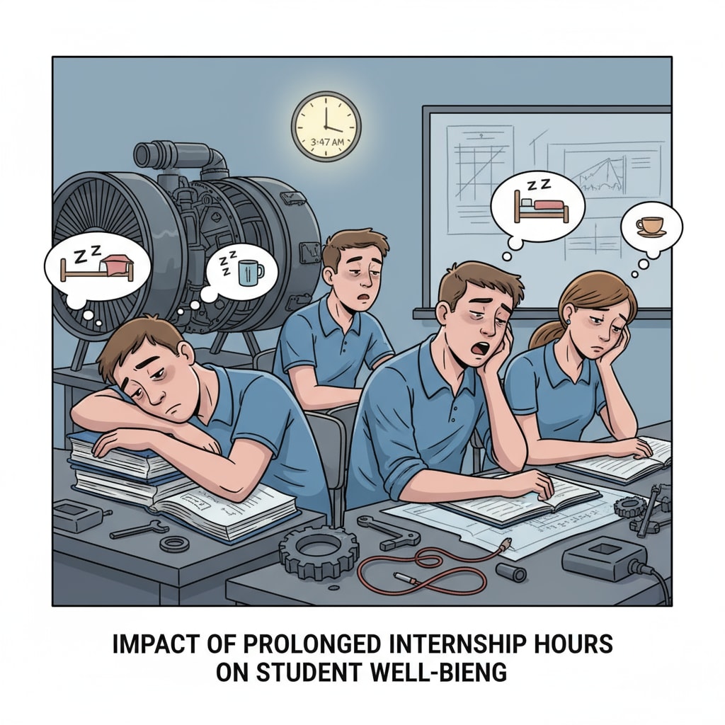 A group of aviation maintenance students looking fatigued after spending long hours at their internship, highlighting the issue of long working hours affecting their well-being. Aviation maintenance students showing signs of stress due to long internship working hours, related to learning pressure and work-life balance issues