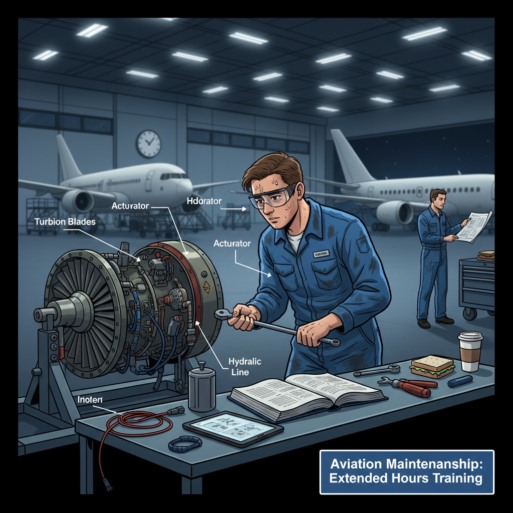 An intern in an aviation maintenance hangar, working on an aircraft during extended hours, depicting the demanding nature of the internship. Aviation maintenance intern working long hours in a hangar, demonstrating the cause of learning pressure and work-life imbalance