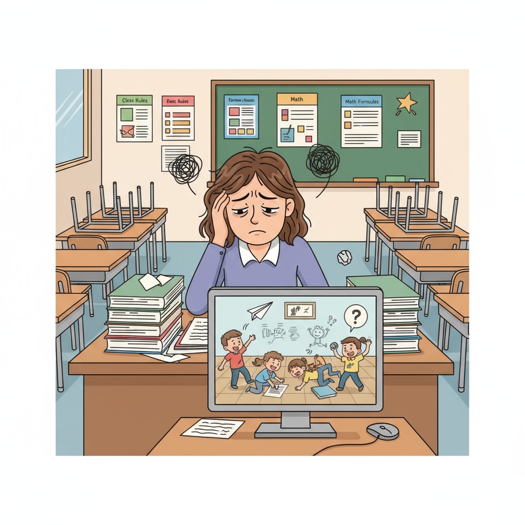 A teacher sitting at a desk in a classroom, looking stressed and tired while dealing with student misbehavior. A teacher facing stress and lack of support in the workplace due to student behavior problems
