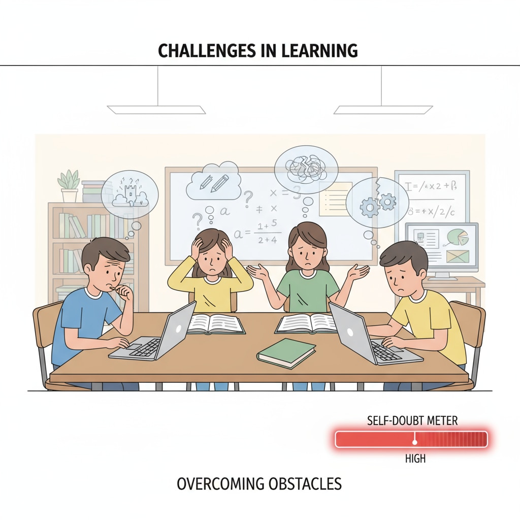 A group of K12 students looking worried while studying, indicating their self-doubt during the learning process. K12 students showing signs of self-doubt in learning related to intellectual abilities