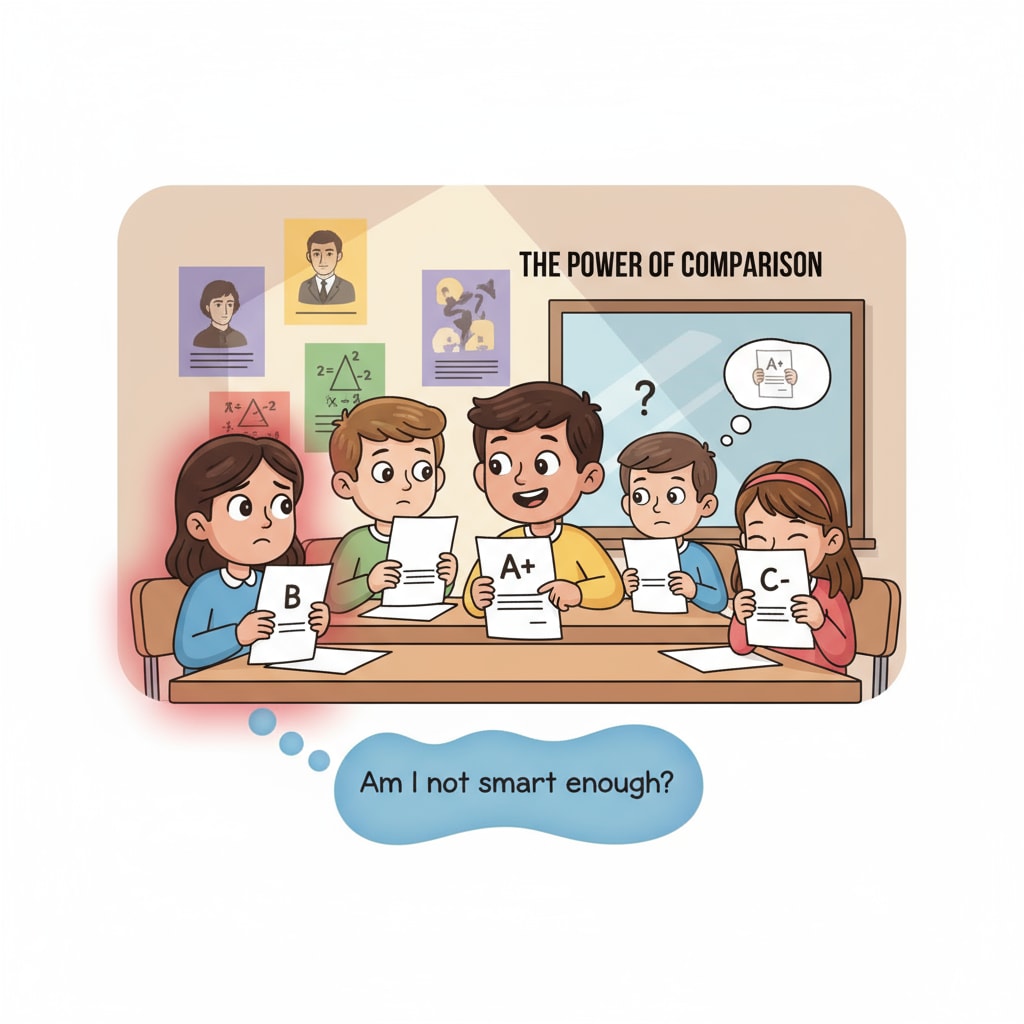 A classroom scene with students comparing test scores, highlighting the role of peer comparison in triggering self-doubt among K12 students. Classroom scene of K12 students comparing scores leading to self-doubt about learning and intellectual abilities