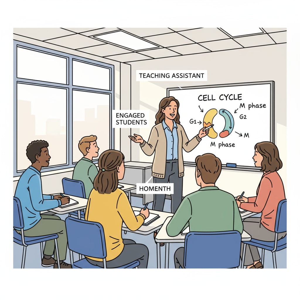 A teaching assistant is actively interacting with students in a classroom setting, demonstrating teaching skills. A teaching assistant interacting with students relevant to MAT program application