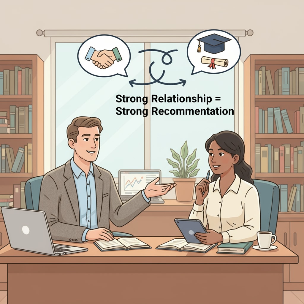 A supervisor is engaged in giving feedback to a teaching assistant, highlighting the importance of the relationship for a recommendation. A supervisor giving feedback to a teaching assistant for MAT program application