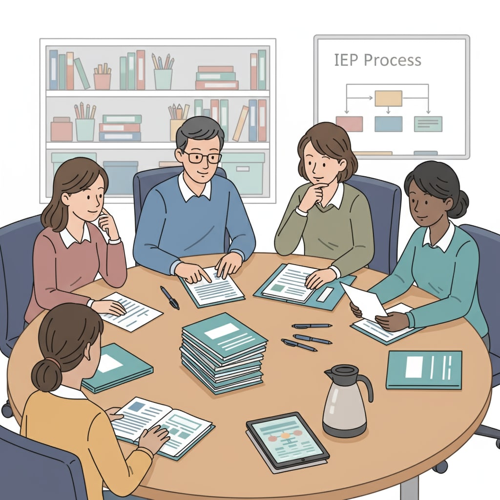 A group of special educators are sitting around a table, looking at IEP documents and having a discussion. Special educators discussing IEP documents to overcome reading comprehension difficulties.