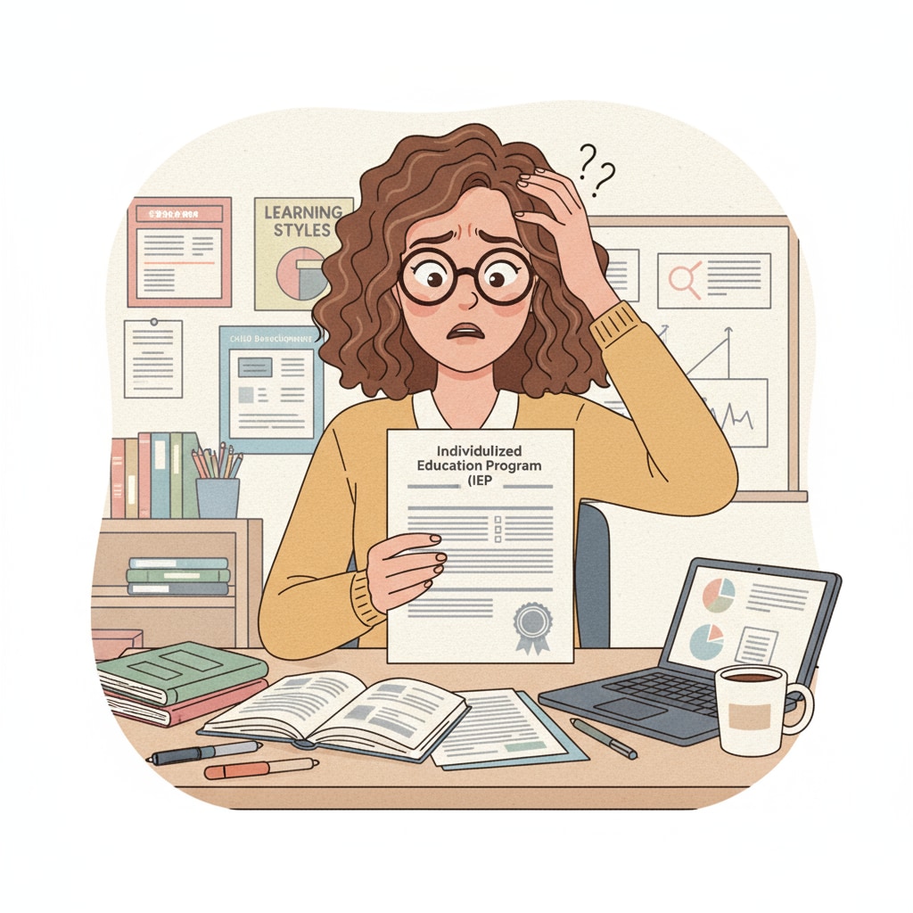 A single special educator is sitting at a desk, looking at an IEP document with a confused expression. Special educator facing reading comprehension difficulties while studying an IEP document.