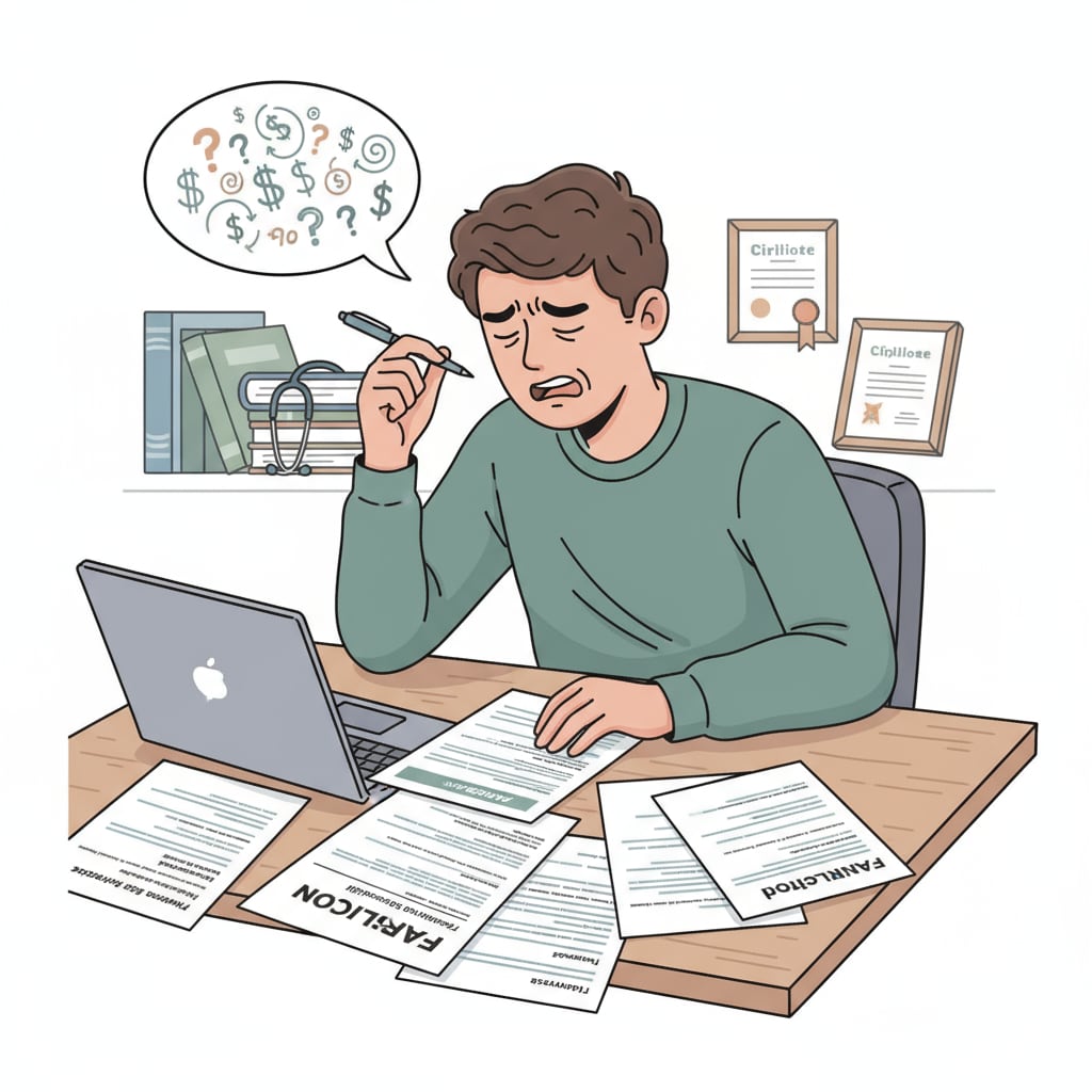 A student is sitting at a desk, looking frustrated while filling out FAFSA forms, representing the difficulties in the FAFSA application process for nursing prerequisite courses after an associate degree. A frustrated student filling out FAFSA forms for nursing prerequisite courses after getting an associate degree