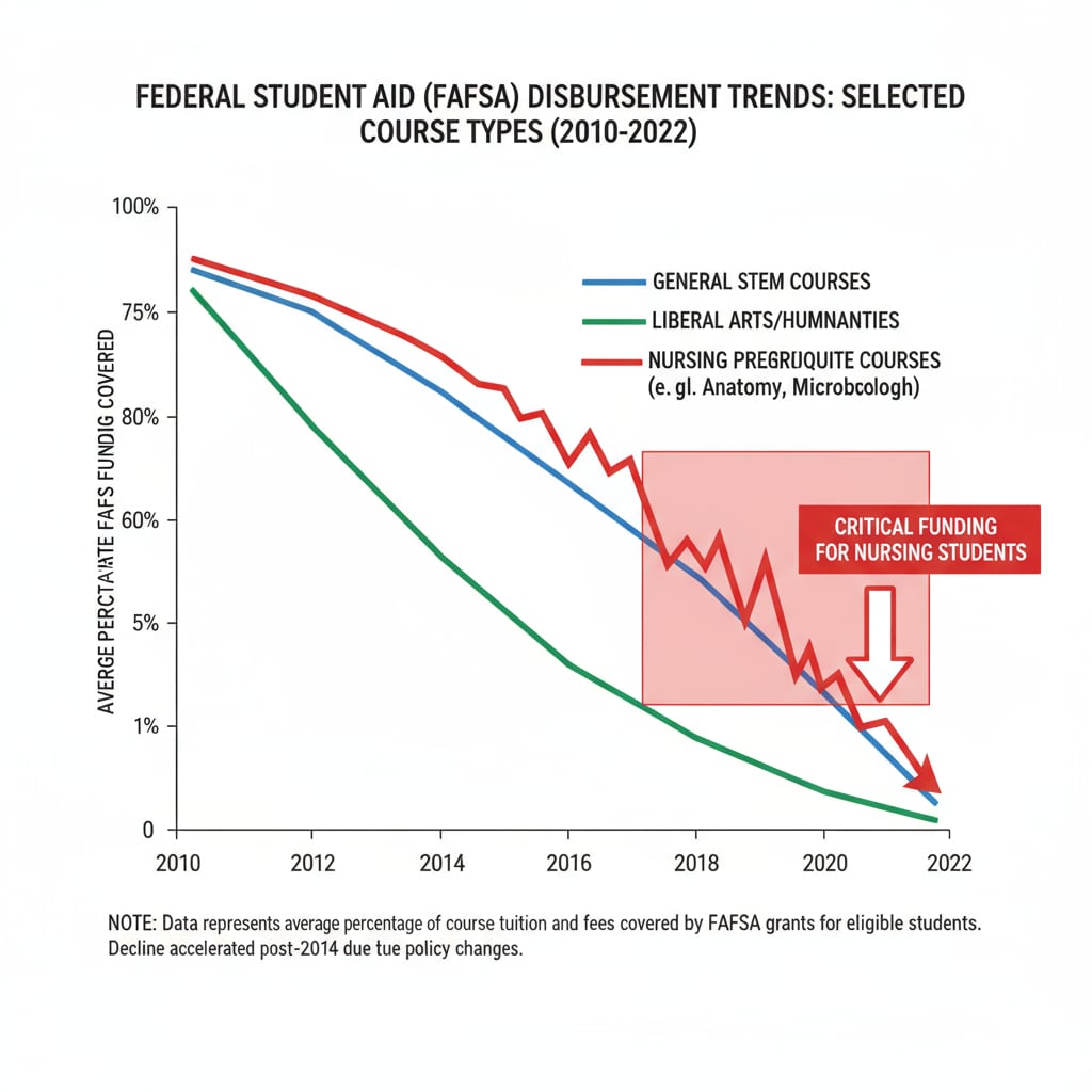 A graph showing the decline in FAFSA funding for certain types of courses, highlighting the funding challenges for nursing prerequisite courses. Graph showing the decline in FAFSA funding relevant to nursing prerequisite courses