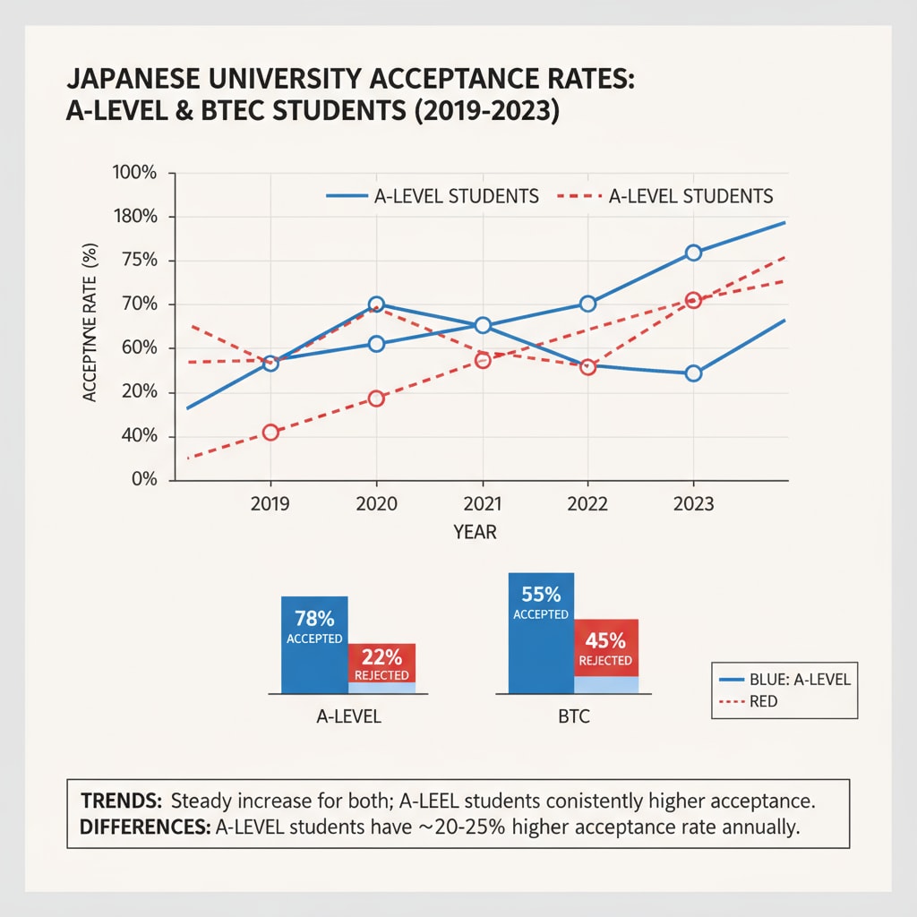 A graph depicting the acceptance rate of A-level and BTEC students in Japanese universities over the past few years, showing the trends and differences. Acceptance rate of A-level and BTEC students in Japanese universities over the years