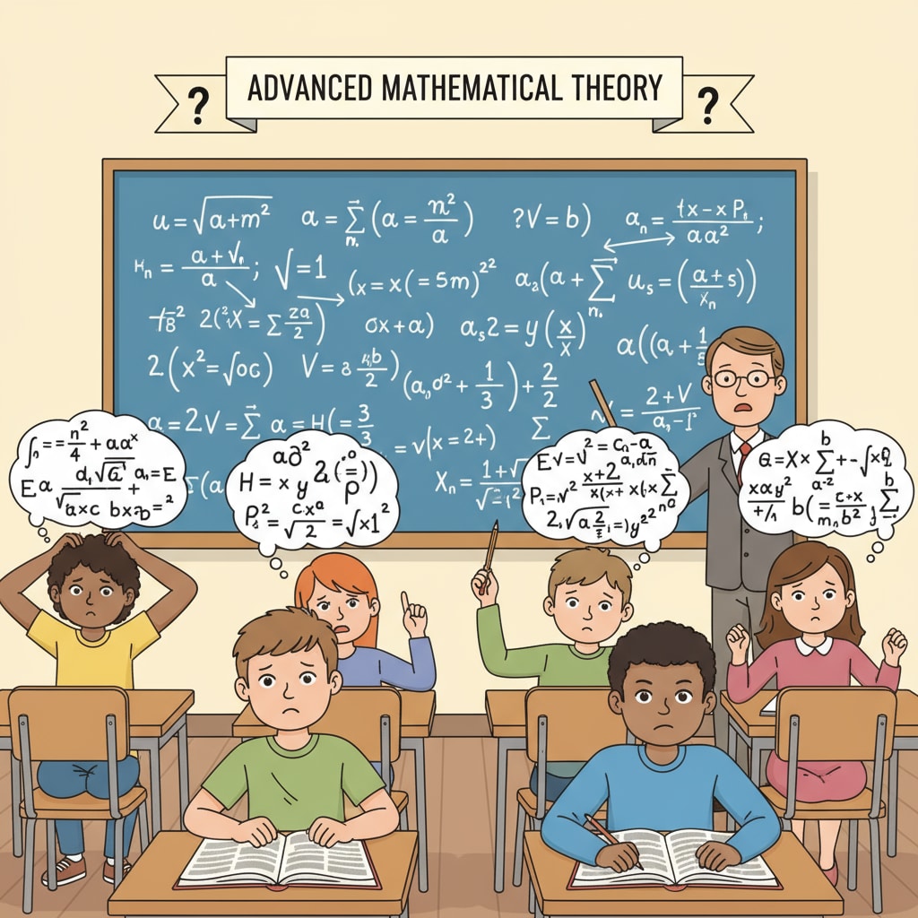 A classroom scene where students are struggling to understand complex math formulas shows the challenge of learning advanced mathematics theory. Students facing difficulties in understanding advanced mathematics formulas in a math education setting.