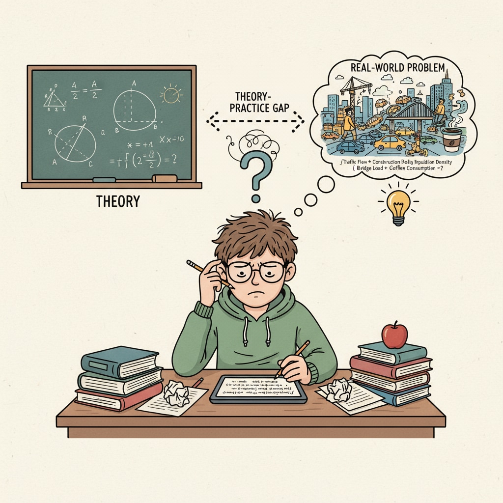A student looking confused while trying to solve a real-world math problem reflects the gap between theory and practice in mathematics education. A student's confusion when applying advanced mathematics knowledge to a practical problem in math education.
