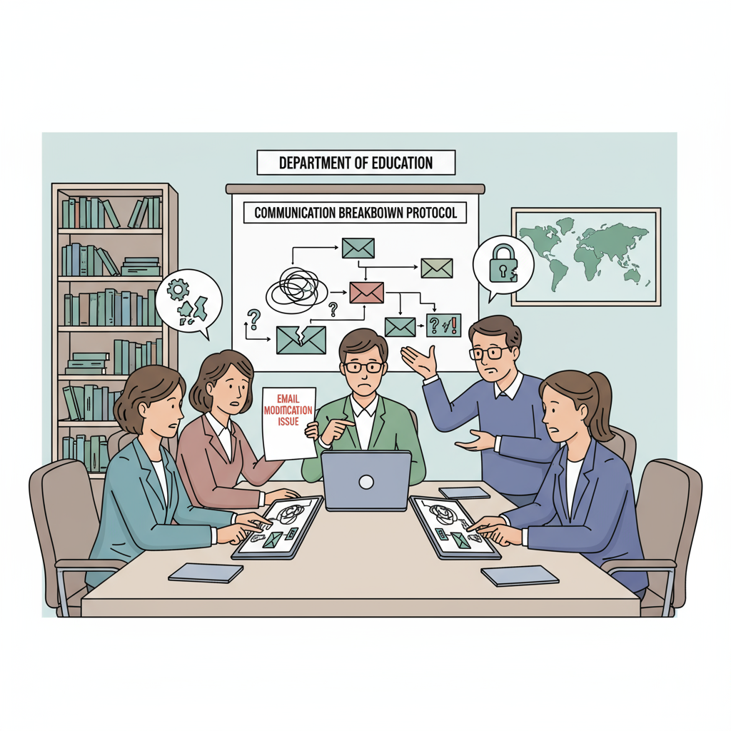 A group of educators is gathered around a table, engaged in a serious discussion about the email modification issue that has arisen within the Department of Education. Educators discussing Department of Education email modifications