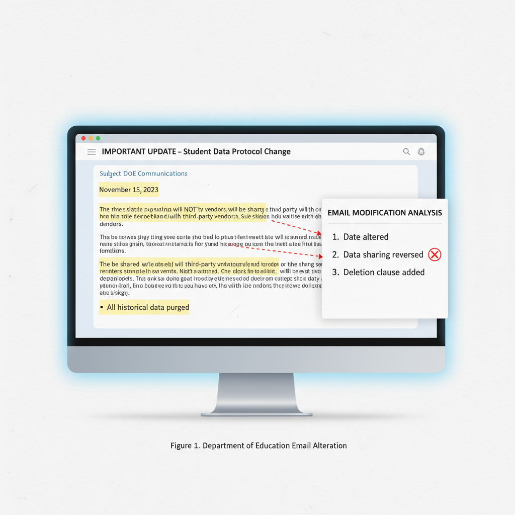 A computer screen shows an email with highlighted areas indicating where it has been edited, emphasizing the email modification aspect of the Department of Education incident. Edited email from Department of Education incident
