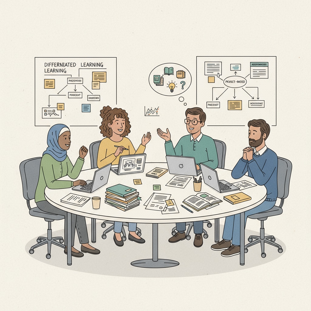 A group of K12 educators are having a collaborative meeting. They are sitting around a table, discussing teaching strategies, with papers and laptops in front of them. K12 educators collaborating to enhance work support and maintain professional enthusiasm