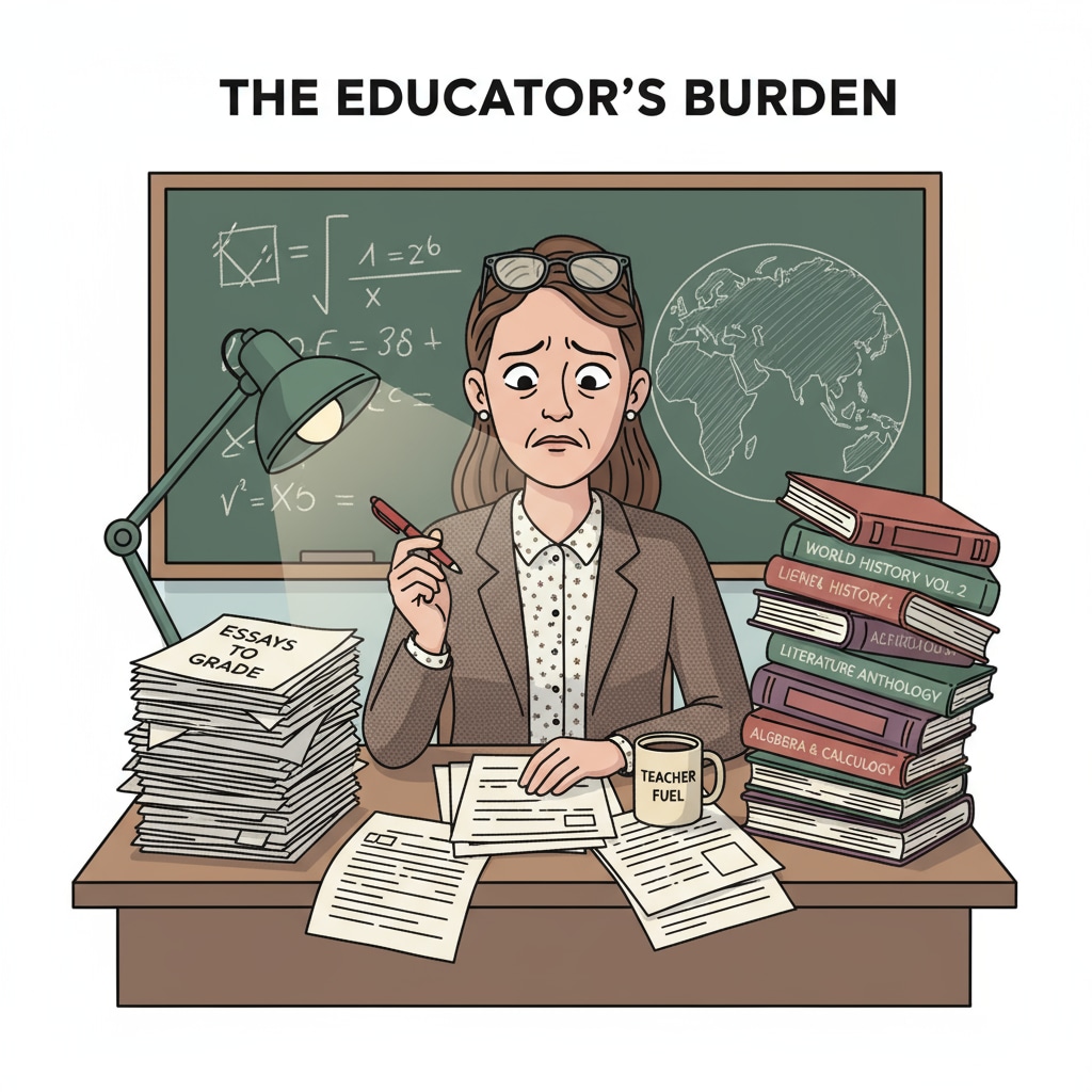 An educator is sitting at a desk with a pile of papers to grade. There are books and papers scattered on the desk, and the educator has a stressed expression on their face. K12 educator facing stress due to lack of work support and its impact on professional enthusiasm