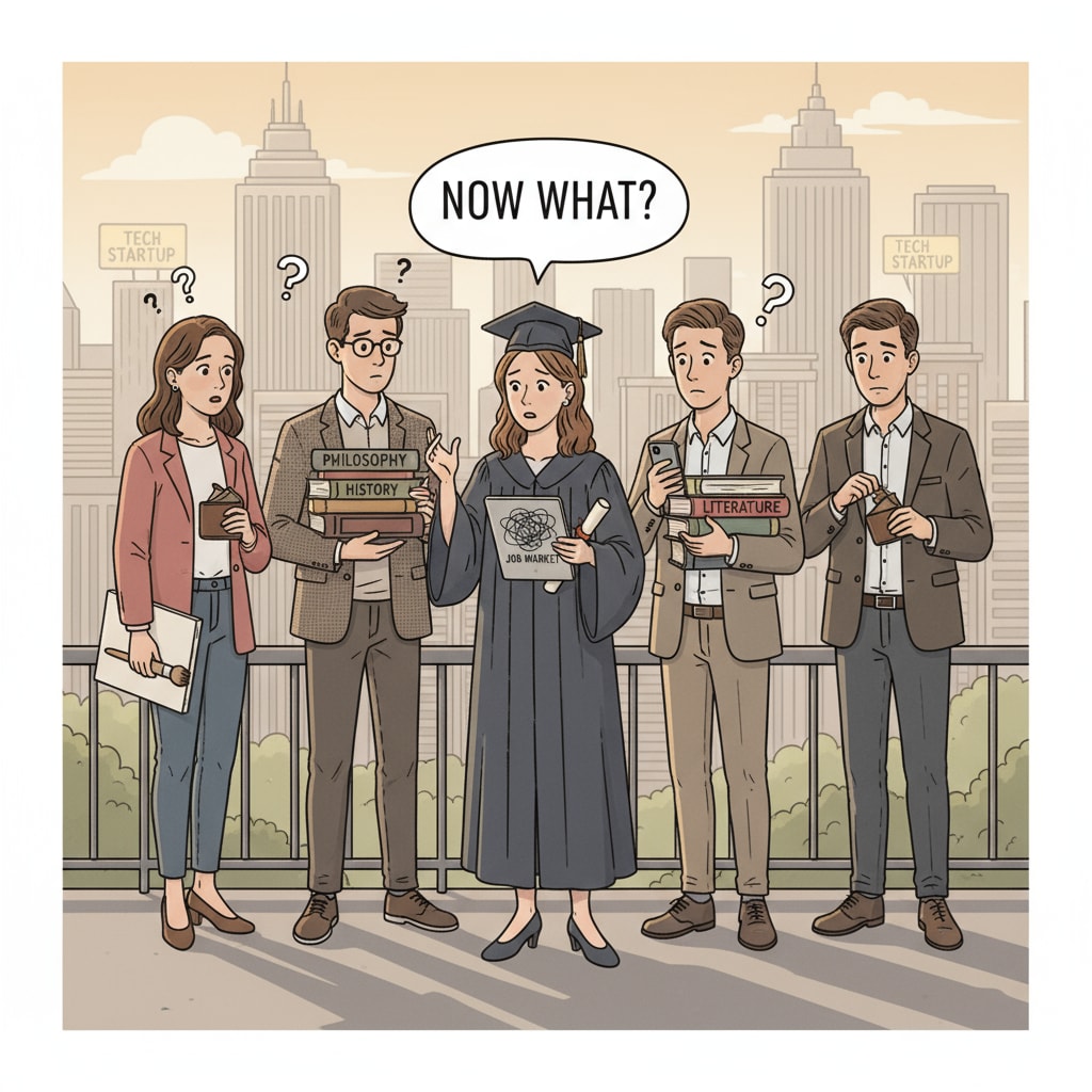 A group of liberal arts graduates looking a bit lost while standing in front of a city skyline, symbolizing their confusion in the job market Liberal arts graduates facing job market confusion in relation to career planning and financial independence