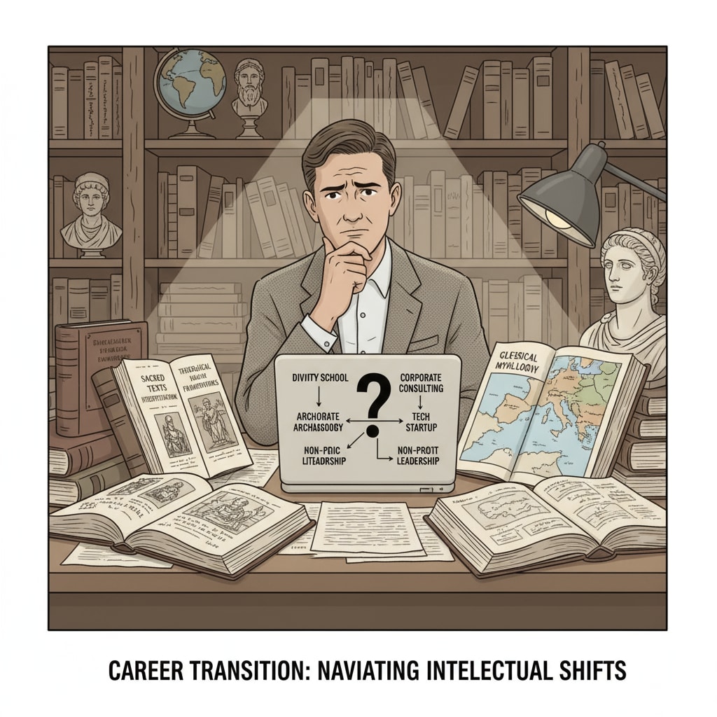 A person sitting at a desk, looking at books related to religious studies and classical studies, with a puzzled expression, representing the career transition challenges A person facing career transition challenges in religious studies and classical studies, relevant to liberal arts education and financial independence