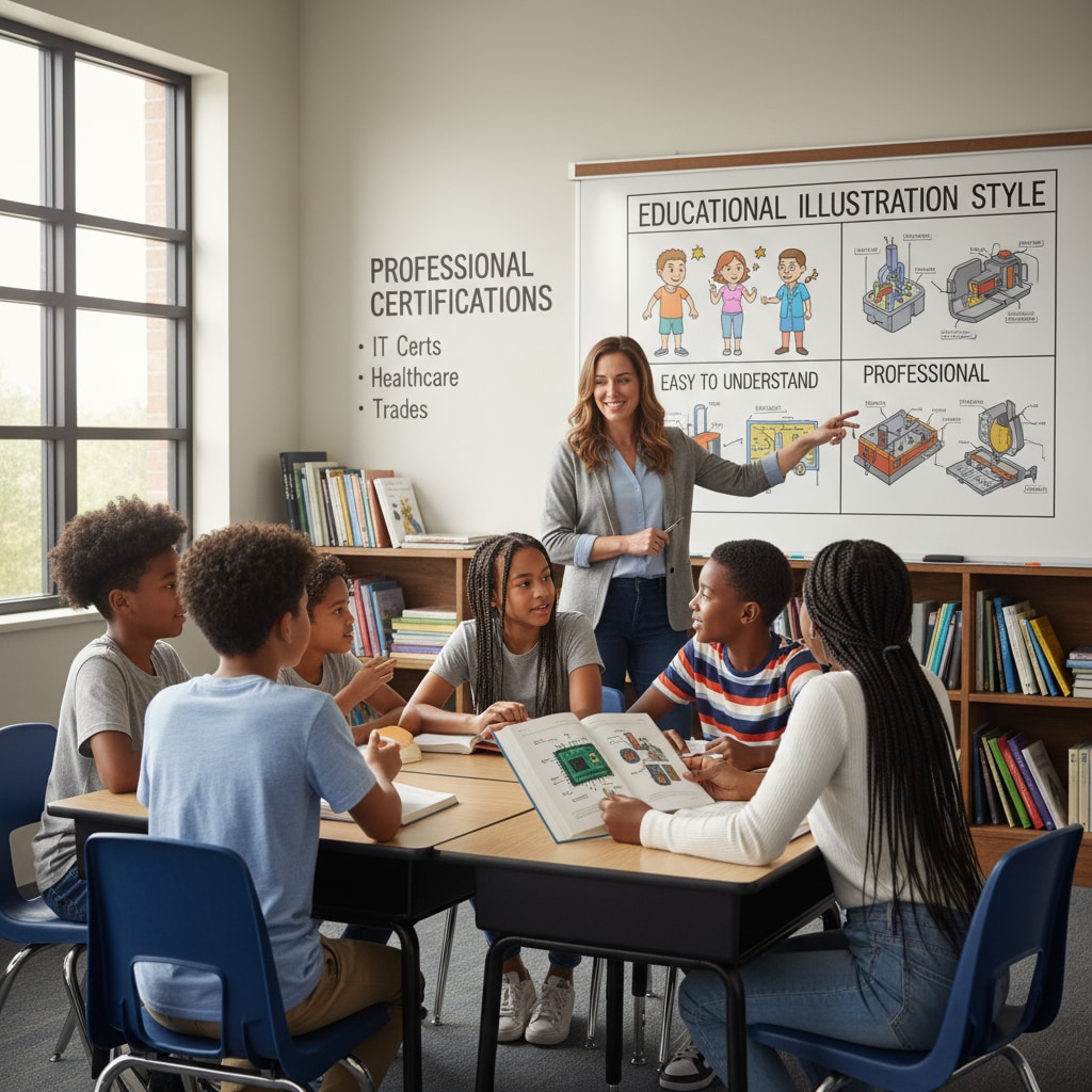 A classroom scene in K12 education where students are discussing professional certifications K12 students discussing the value of professional certifications in the context of the job market and educational value