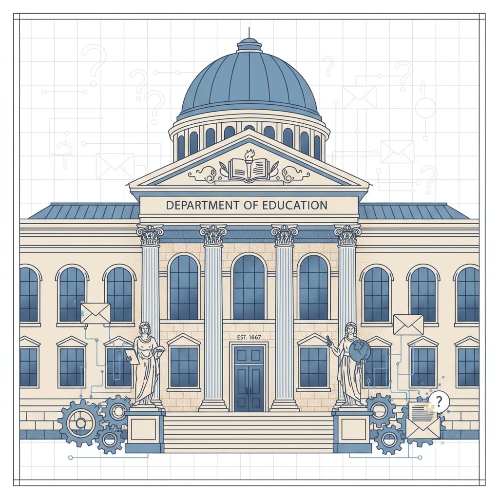 A building representing the Department of Education, symbolizing the institution involved in the email modification controversy. The Department of Education building related to email modification lawsuit